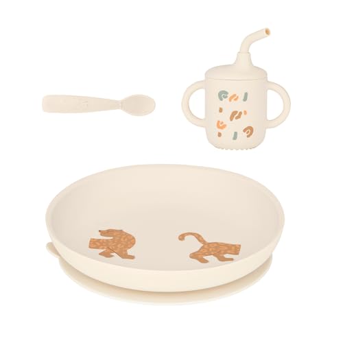 Babymoov Baby Weaning Set Little Roar - 3 Pcs Silicone Feeding Set, Sippy Cup, Suction Plate, Baby Spoon, from 9 Months - Ideal Gift Set