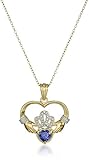 18k Yellow Gold and Rhodium Plated Sterling Silver Created Blue Sapphire Heart Shaped Claddagh Pendant Necklace, 18