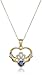 18k Yellow Gold and Rhodium Plated Sterling Silver Created Blue Sapphire Heart Shaped Claddagh Pendant Necklace, 18