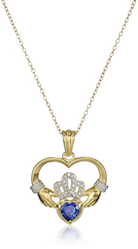 18k Yellow Gold and Rhodium Plated Sterling Silver Created Blue Sapphire Heart Shaped Claddagh Pendant Necklace, 18