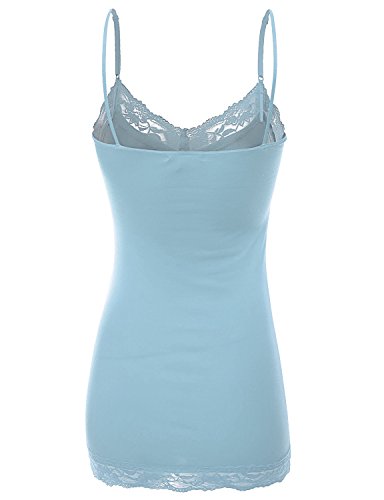 RT1004 Ladies Adjustable Spaghetti Strap Lace Trim Long Tunic Cami Tank Top Powder Blue L