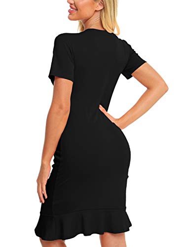 Zaprada Black T Shirt Dresses for Women Casual Crew Neck Short Sleeve Bodycon Dress Drawstring Ruched Ruffle Swing Mini Dress