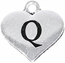 Detailed Silver Tone &amp; Pink Crystal Baby Shoe Pendant With Heart Shaped Alphabet Initial Charm on Lobster Clasp Chain Link Bracelet - Alphabet- Q