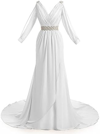 MariRobe Women's Greek Style Beaded Pleat Long Sleeve Chiffon Long Evening Dress