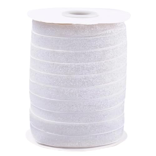 CABODYALS 45.72M 9.5mm White Metallic Shiny Velvet Ribbon Sequin Paillette Strip Solid Color Single Side Shimmer Fabric Ribbons for Sewing Making Wedding Bridal Bouquet Clothes Decor Diy Craft Supply