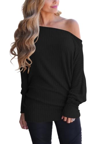 Poetsky Rbbed Knit Tops for Women Off Shoulder Tunic Sweater, Black, L at Amazon
