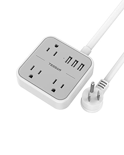 Cruise Power Strip with 3 USB Ports, TESSAN Cruise Accessories Must Haves, Flat Plug Extension Cord, Small Travel Power Strip with 3 Outlets, 5 Feet Cord, Compact for Dorm Cruise Essentials, Gray
