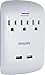 Philips 3-Outlet Extender with 2-USB Port Surge Protector, Charging Station, 900 Joules, Grounded Power Adapter, Indicator Light, 3-Prong, 2.4 AMP/12 Watt, ETL Listed, White, SPP6233WB/37