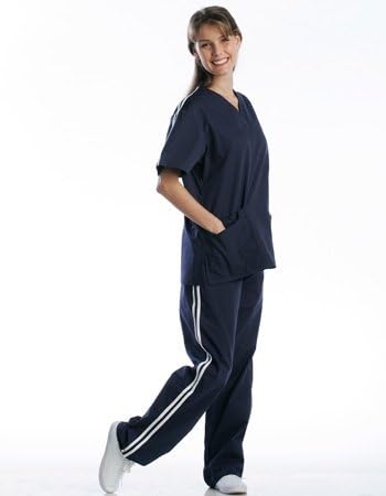 Athletic Stripe Scrub Set (2 Pocket Top &amp; 2 Pocket Pants) - Style# A03SET (Wine/White,XX-Large)