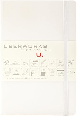 2nd Gen. UBERWORKS TEHNIK Classic Pure White Hardcover Dotted/Dot Grid Elastic Closure Notebook/Bullet Journal A5 Medium 5.6x8.4in 192 Pages 80gr. Smooth Beige Paper, Index, Back Pocket &amp; Labels