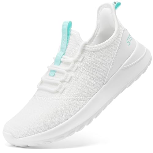 STQ Womens Tennis Walking Shoes Lightweight Slip On Plantar Fasciitis Orthopedic Sneakers Nursing Shoes White Teal 9 at Amazon