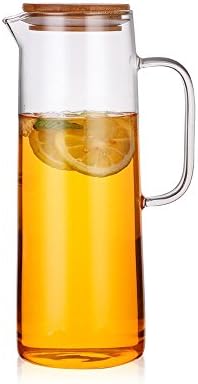 Jomop Borosilicate Glass Iced Tea Pitcher Fruit Infused Water Juice Iced Tea Kettle (Bamboo, 1.3 qt)
