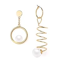 AiryAi Asymmetric Dangle Earrings Pearl on Big Ring Exaggerate Spiraling Spring Ends Pearl 20K Gold Plated Over Metal Fashion-catching 2018 Autumn Winter Style Women & Girls