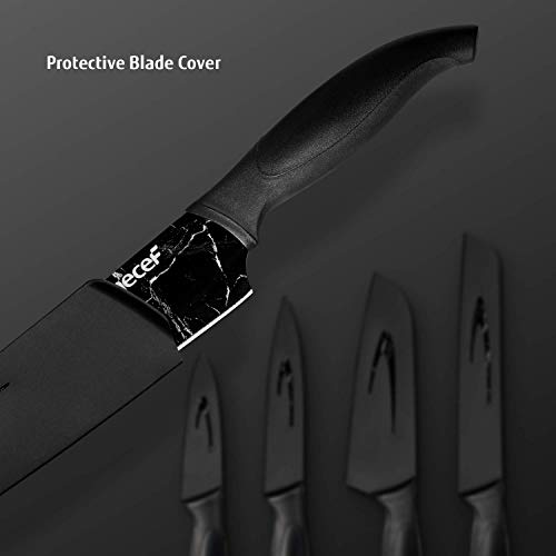 hecef Marble Pattern Kitchen Knife Set of 5, Stainless Steel Blade with Ergonomic Handle（PP+TPR Material）includes Santoku, Chef, Bread, Utility and Paring Knife