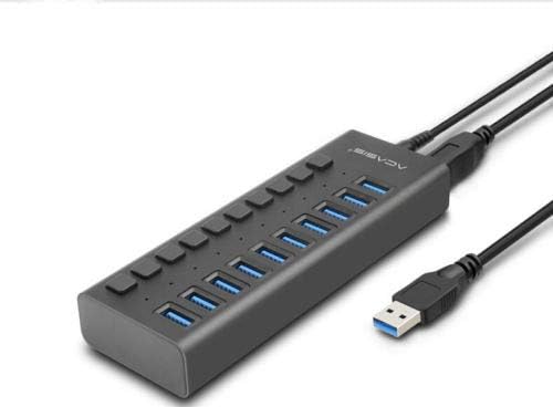 Acasis 10-Port Powered USB Hub 60W USB 3.0 Splitter with Individual On/Off Switches and 12V/4A Power Adapter for Laptop PC Computer Mobile HDD Flash Drive (Black ABS Plastic)