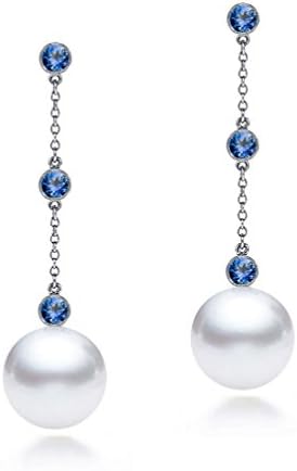 14k White Gold AAAA Quality Japanese Akoya Cultured Pearl Blue Sapphire Dangle Earrings