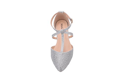 Mila Lady Laurel Womens Pointed Toe Ankle Strap T-Strap D'Orsay Dress Flats Shoes,SILVER5.5