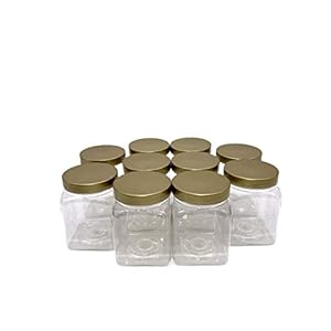 Truenova 10 x 450ml Square Plastic Storage Jars Kitchen/Garage Organisation & Gold Lids