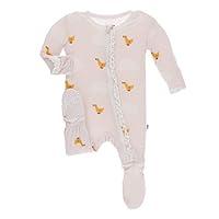 Kickee Pants Little Girls Print Muffin Ruffle Footie with Zipper - Macaroon Puddle Duck, 3-6 Months