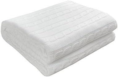 Lutanky Cozy Cable Knitted Throw Blanket Soft Cotton Throws for Sofa/Bed/Couch Natural Blanket (120X180 cm) (white)