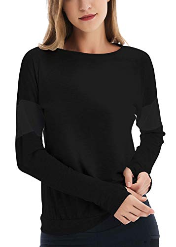 Fihapyli Women's Plain Long Sleeve T Shirt Workout Top Loose Yoga Tops Gym Sports T-Shirt with Thumb Hole Workout Shirts Yoga Tanks Workout Clothes for Women Yoga Shirts Active Running Tops Black L