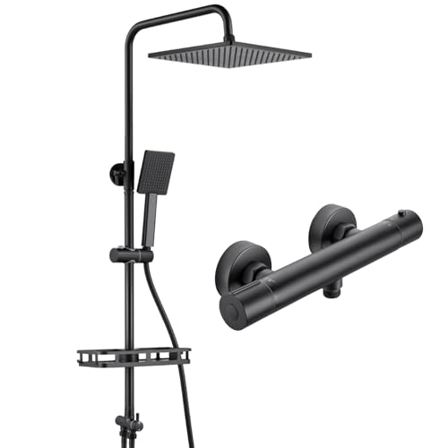 Auralum Regendusche Komplettset mit Duscharmatur, Edelstahl Duscharmatur Komplettset mit Messing-Wasserteiler, Bohrfree-Regal, 250mmx250mm Überkopfbra