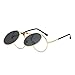 VeBrellen Retro Men Glasses Round Flip-Up Steampunk Sunglasses Clamshell Metal Frame Sunglasses (Gold Frame With Gray Lens, 46)