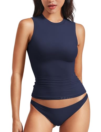 YEOREO Women Basic Mock Neck Workout Crop Top Sleeveless Double Lined Tank Tee Slim Fitted Ruched Going Out Camisole