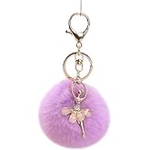 Rhinestone Ballet Dancer Keychain, Purple Plush Pom Pom Ball Pendant, Dancing Girl Charm for Women