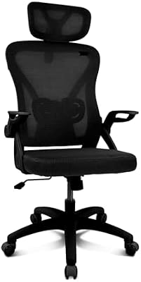 DRAIR35 – Cadeira ergonómica de escritório e secretária em casa com malha elástica respirável, reclinável a 90-120°, apoio de cabeça e braços dobráveis, suporta até 120 kg, preto