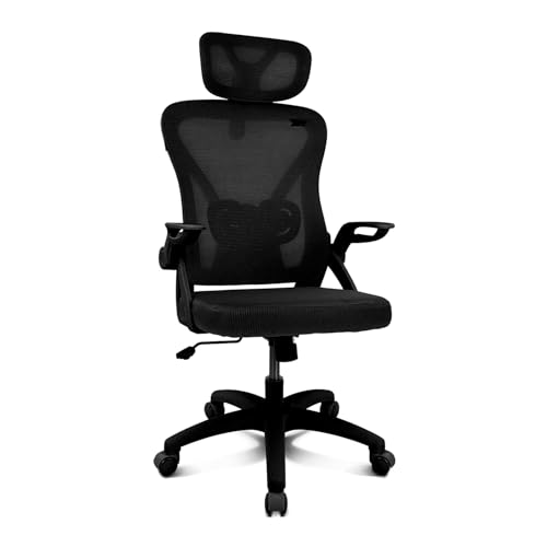 DRAIR35 – Silla Escritorio Ergonómica Oficina y Hogar de Malla tensada Transpirable, Reclinable 90-120°, Reposacabezas y Reposabrazos Abatibles, Soporta hasta 120 kg, Negro