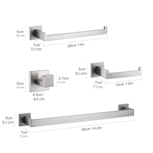 DUFU 4 Piece Towel Rail Set of Bathroom Hardware Wall Mounted for Towels, 40 cm, Towel Holder and Toilet Paper, Hooks SUS304 Stainless Steel Silver Brushed