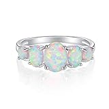 VOLUKA 18K White Gold Opal Ring for Girl and Women (Prong-Setting 5pcs of Amazing Fire Opals) Size 5 6 7 8 9 10