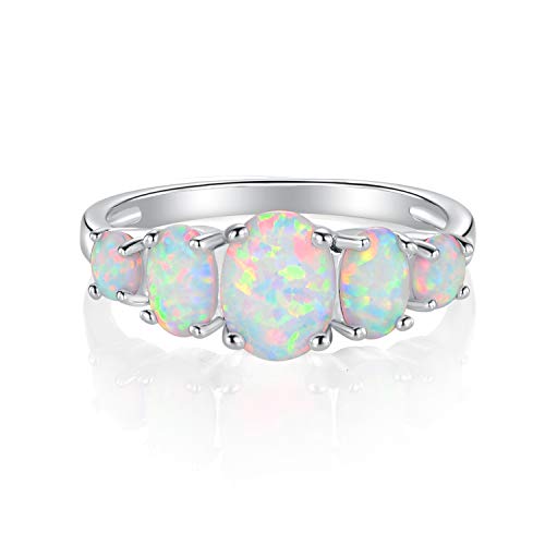 VOLUKA 18K White Gold Opal Ring for Girl and Women (Prong-Setting 5pcs of Amazing Fire Opals) Size 5 6 7 8 9 10
