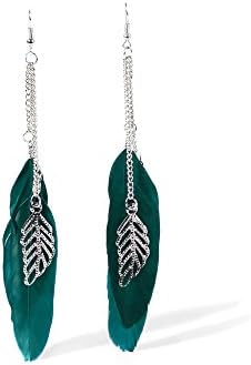 Dangle Feather Earrings Chain Pendant Fish Hook Pierced Ear Drop Boho Accessories (Teal, Silver)