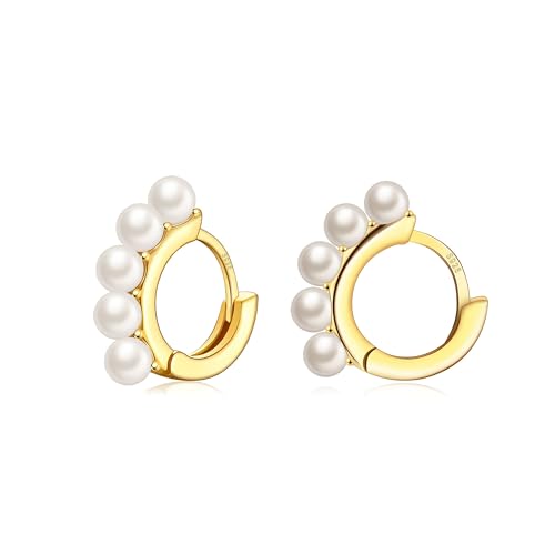 Pearl Hoop Earrings for Women, 14K Gold Plated 925 Sterling Silver Post Pearl Huggie Earrings Small Gold Hoop Earrings, Christmas Jewelry Gifts