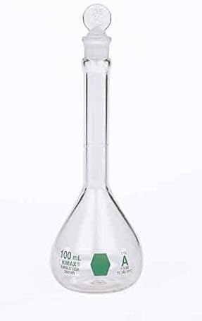 Kimble Chase Life Science and Research 28014E-100 Borosilicate Glass Class A Volumetric Flask with Green Marking Spot, 100 mL, 100 cu. in. Capacity (Pack of 6)