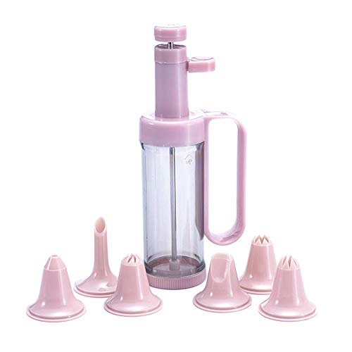 Set of 7, Cake Decorating Tool Set with 1 Handy Dessert Decorator, 5 Icing Tips and 1 Piping Fill Tip (Pink)