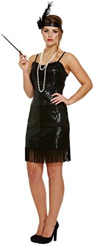Emmas Wardrobe 20s Black Great Gatsby Flapper Dress - Includes Black Fringed Dress- 1920s Gangster Fancy Dress Costume for Halloween and Performances UK Sizes 8-16 (Women: 8, black)