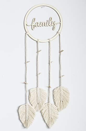 KRASKA Macrame Wall Hanging Feather Macrame Cord with Family Word Wood Art Wall Decor, Boho Chic Bohemian Yarn Wall Hanging with 8 Wood Clips Beautifully Handmade Wall Hanging Size 8 x 26 inch