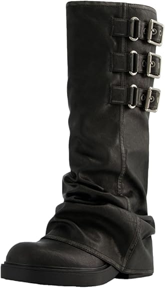 Photo 1 of MAVMAX Women Slouchy Knee High Boots Casual Round Toe Pull On Riding Biker Boots Fold Over Chunky Low Heel Platform Boot Buckle Black US6