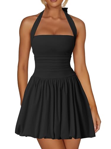 Photo 1 of **BROKEN ZIPPER** Kaximil Women's Sexy Halter Corset Mini Dress Bubble Ruched Waist Club Party Dresses with Built-in Shorts, Medium, Black