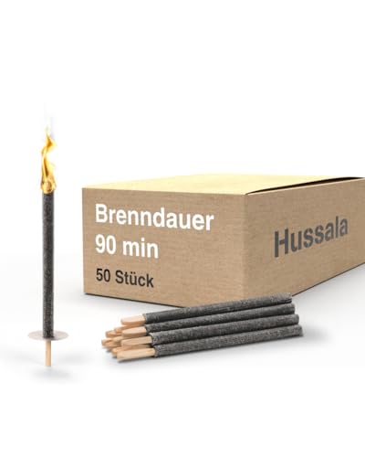 Hussala Diamond Wachsfackeln für draußen [50 Stück bis zu 90 min] mit Langen Holzstab und Tropschutz - Premium Gartenfackel aus Diamond Wachs - Fackel