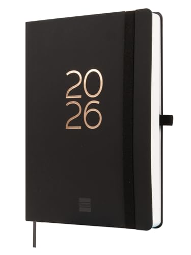 Finocam - Planner 2026 1 Day to View | January - December 12 months | A5 Planner with elastic band and knitted tape | Softcover Capri - Black - International, Dagboek (volledige zaterdag/zondag)