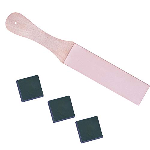 4 Pieces DIY Leather Strops Kit, 1.65 Inch Wide Wooden Double Sided Leather Paddle Strop,Hand Sewing Stitching Saddle Making Tools with 3 Packs Polishing Compounds