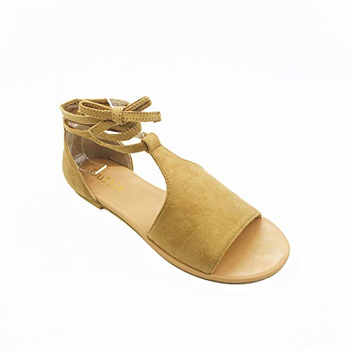 Sunyastor Summer Sandals for Women Casual Summer Open Toe Shoes Comfortable Lace up Fringed Ankle Strap Suede Dress Shoes Brown - Thumbnail 5