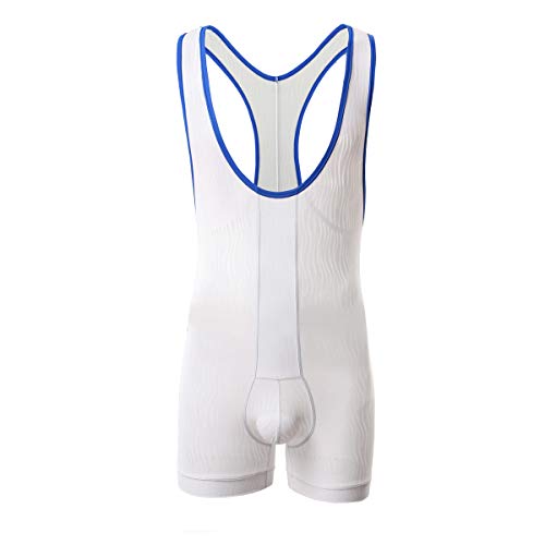 QiaTi Mens Athletic Supporters Sports Underwear Bodysuit Jumpsuit Wrestling Singlet Boxers (White, Medium (fits Like US Small))