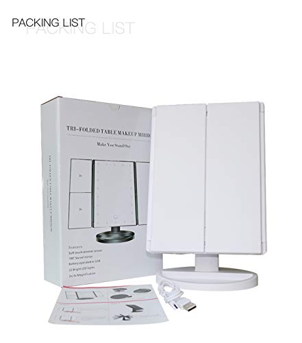 HunterBee Makeup Mirror with 22 Dimmable LED Lights, 1x & 2x & 3x Magnifications -Light And Portable For Travel With USB, adjustable 180 Degree Rotation,Touch Screen, Dual Power Supply(white)
