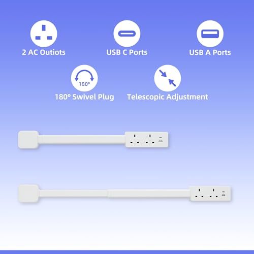 Electrical Outlet Extender Stick, Features USB-A, USB-C and 2 AC Outlets, Extends 18"-28", Rotates 180° Access Hard-to-Reach Outlets, Wall Plug Power Socket Expander Nightstands, Sofa, Desks and More