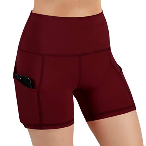 ODODOS High Waist Out Pocket Yoga Short Tummy Control Workout Running Athletic Non See-Through Yoga Shorts,Wine,Medium
